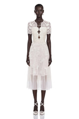 Quetz White Midi Dress with 3D Petals
