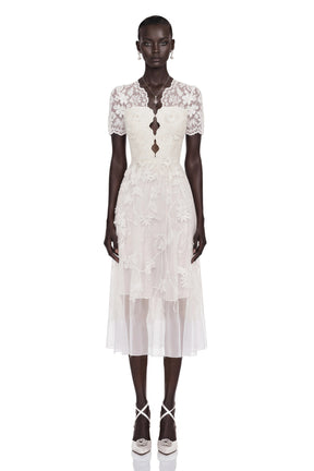 Quetz White Midi Dress with 3D Petals