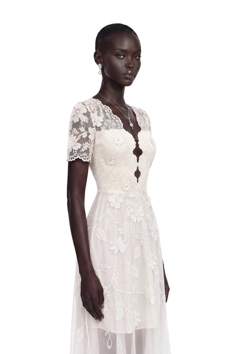 Eleonora Midi Dress White with 3D Petals