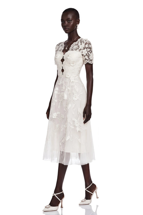 Eleonora Midi Dress White with 3D Petals