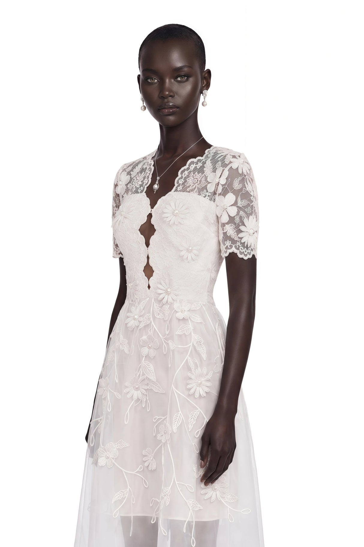 Quetz White Midi Dress with 3D Petals