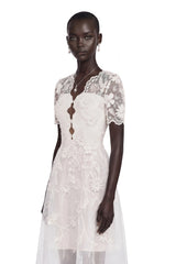 Quetz White Midi Dress with 3D Petals