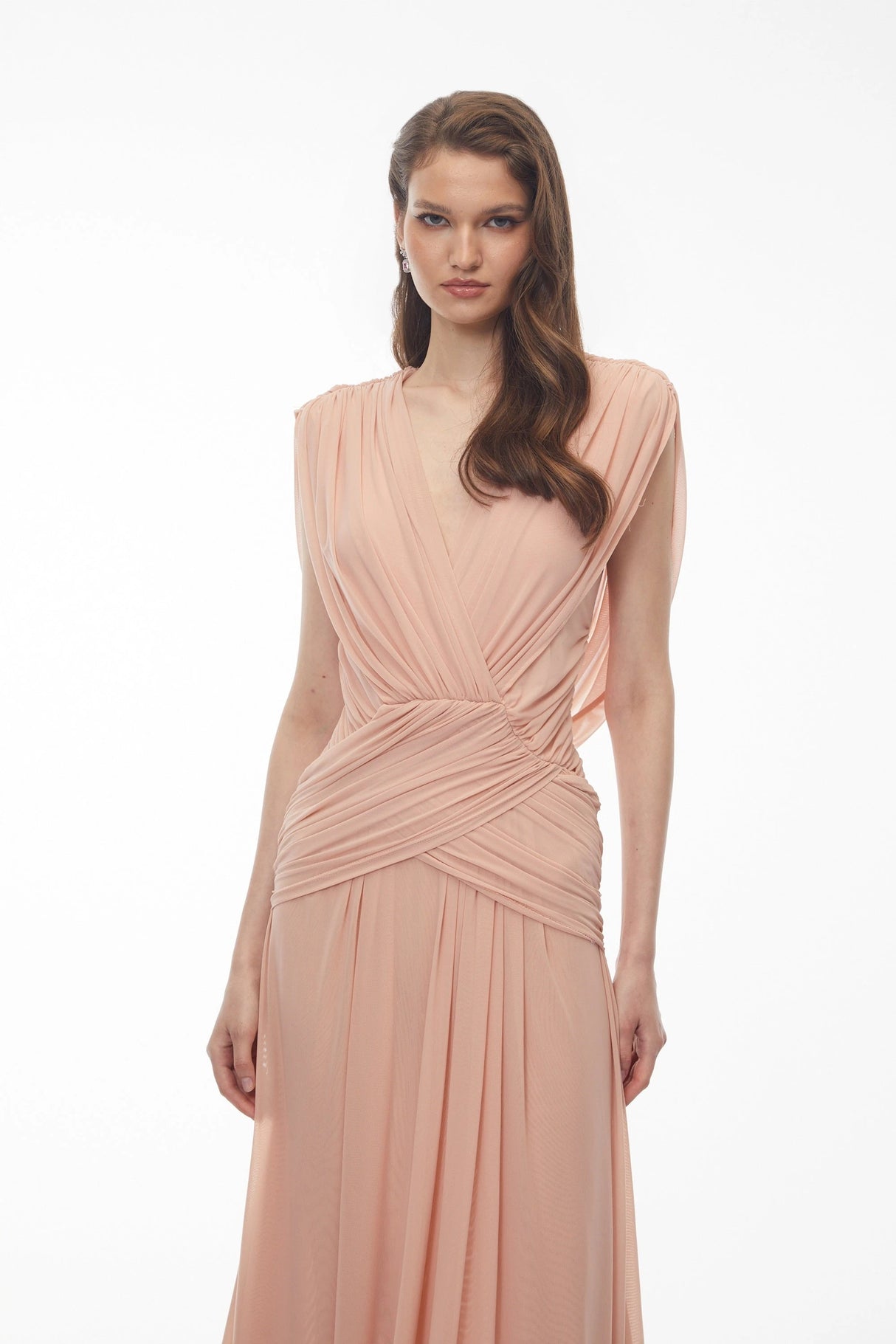 Quiana Blush Pink VNeck Cross Front Ruched Maxi Dress