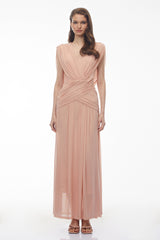 Quiana Blush Pink VNeck Cross Front Ruched Maxi Dress