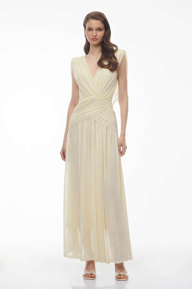 Quiana Butter Yellow VNeck Cross Front Ruched Maxi Dress