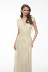 Quiana Butter Yellow VNeck Cross Front Ruched Maxi Dress
