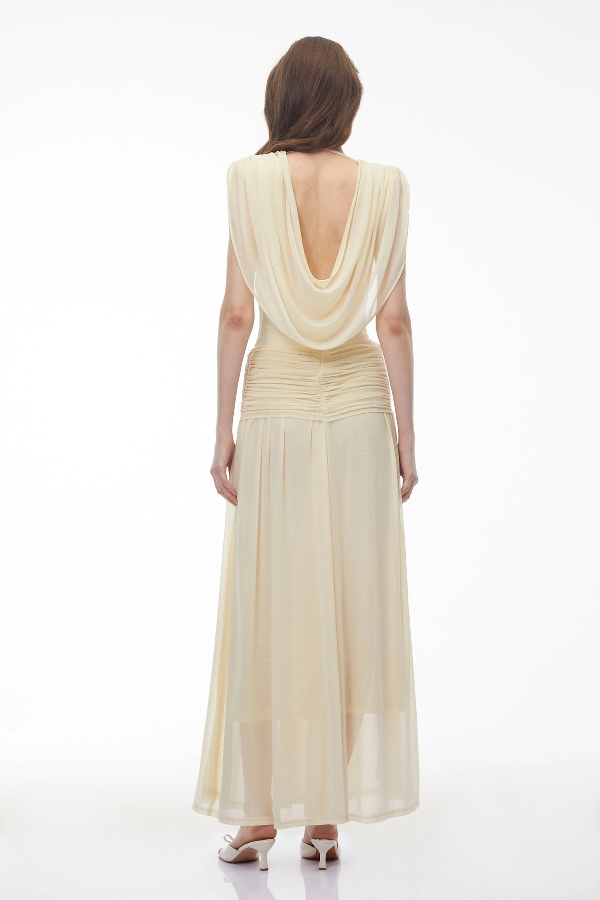 Quiana Butter Yellow VNeck Cross Front Ruched Maxi Dress