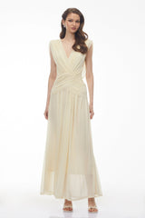 Quiana Butter Yellow VNeck Cross Front Ruched Maxi Dress