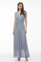 Quiana Slate Blue VNeck Cross Front Ruched Maxi Dress