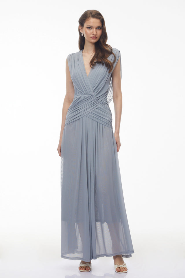 Quiana Slate Blue VNeck Cross Front Ruched Maxi Dress