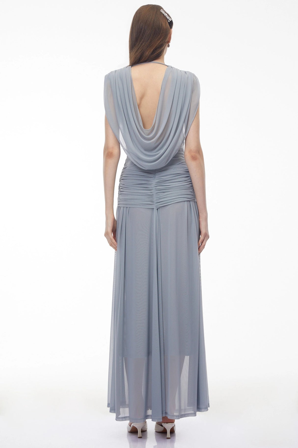 Quiana Slate Blue VNeck Cross Front Ruched Maxi Dress