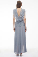Quiana Slate Blue VNeck Cross Front Ruched Maxi Dress