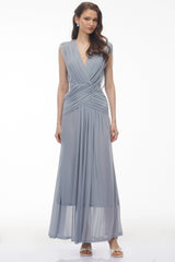 Quiana Slate Blue VNeck Cross Front Ruched Maxi Dress