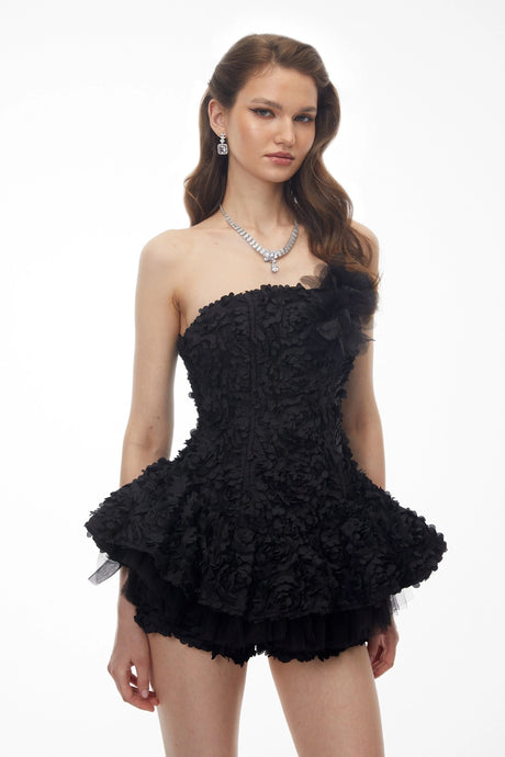 Juliana Mini Dress Black Off Shoulder with 3D Florals