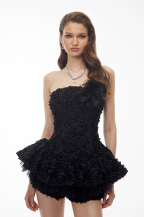 Quilla Black Off Shoulder Mini Dress with 3D Florals
