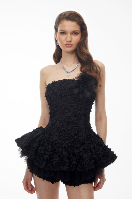Juliana Mini Dress Black Off Shoulder with 3D Florals