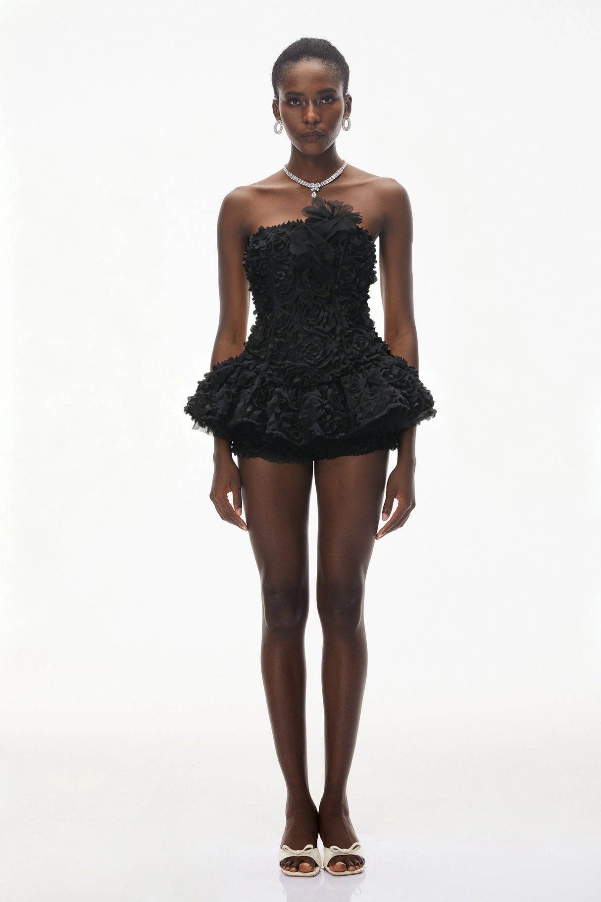 Quilla Black Off Shoulder Mini Dress with 3D Florals