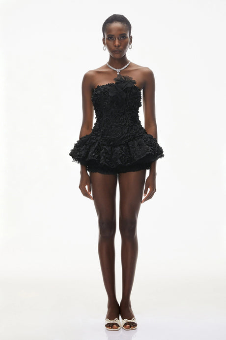 Stefania Mini Dress Black Off Shoulder with 3D Florals