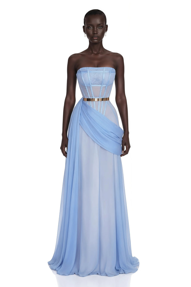 Quin Light Blue Off Shoulder Ruched Maxi Dress
