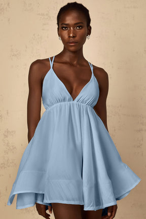 Quincie Blue Shirred Flounced Mini Dress