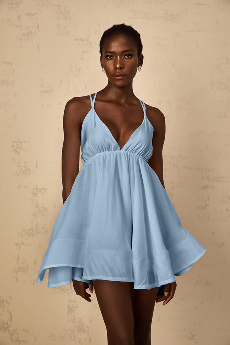 Natasha Mini Dress Blue Shirred Flounced