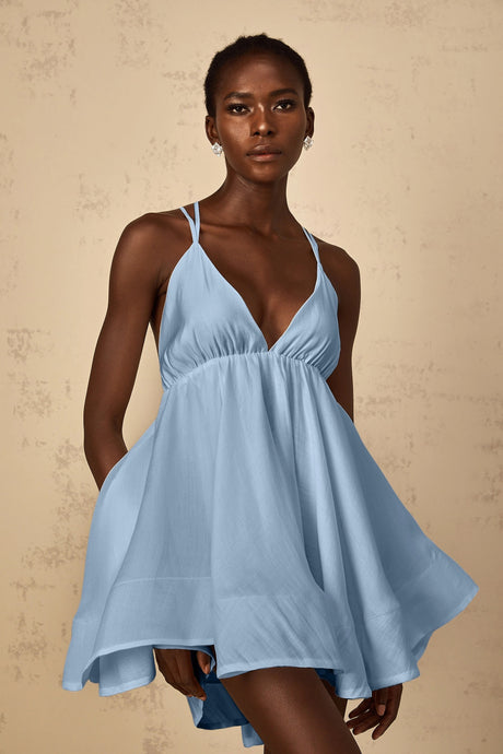 Natasha Mini Dress Blue Shirred Flounced
