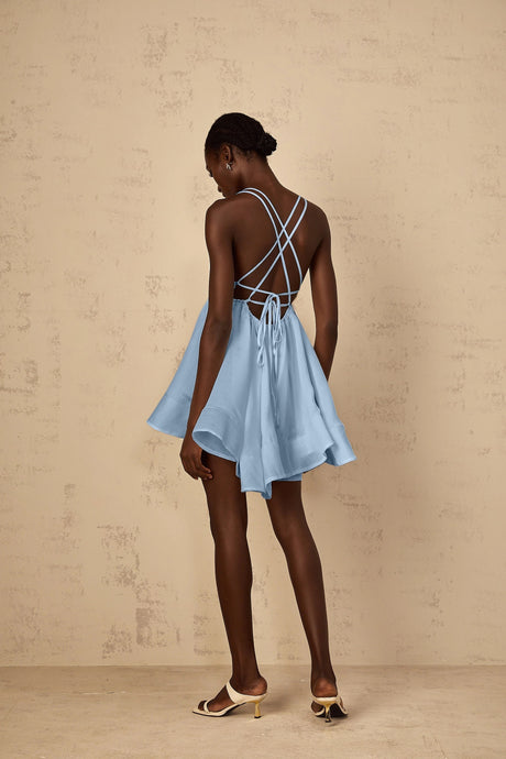 Natasha Mini Dress Blue Shirred Flounced