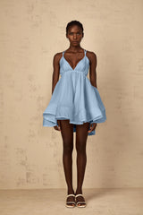 Quincie Blue Shirred Flounced Mini Dress