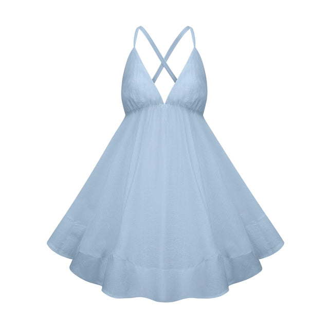 Quincie Blue Shirred Flounced Mini Dress