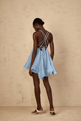 Quincie Blue Shirred Flounced Mini Dress