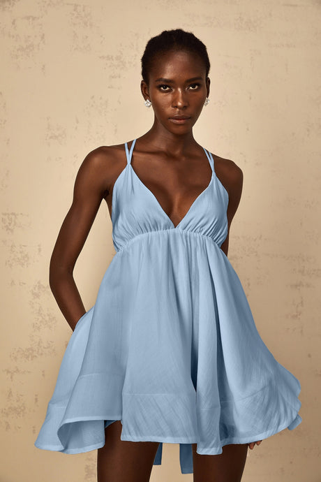 Natasha Mini Dress Blue Shirred Flounced