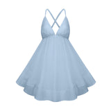 Quincie Blue Shirred Flounced Mini Dress