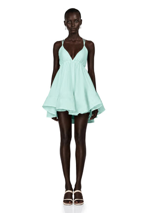 Quincie Green Shirred Flounced Mini Dress