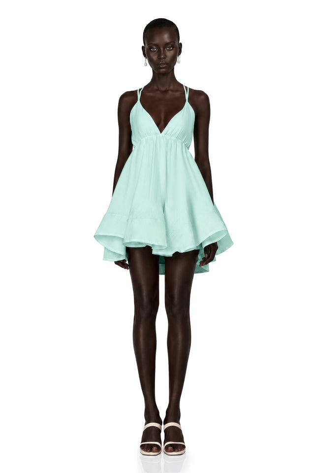 Quincie Green Shirred Flounced Mini Dress
