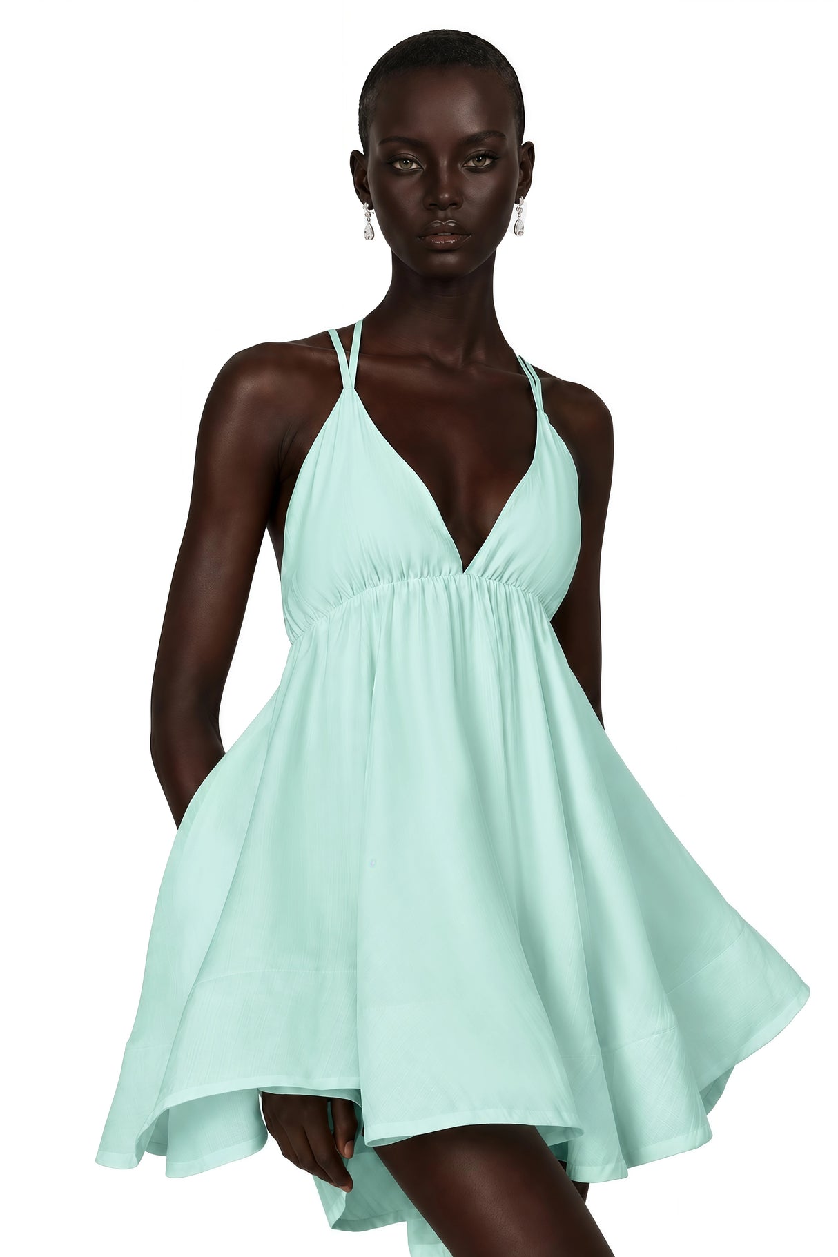 Quincie Green Shirred Flounced Mini Dress