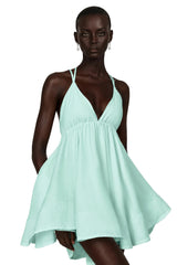 Quincie Green Shirred Flounced Mini Dress
