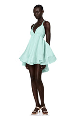 Quincie Green Shirred Flounced Mini Dress