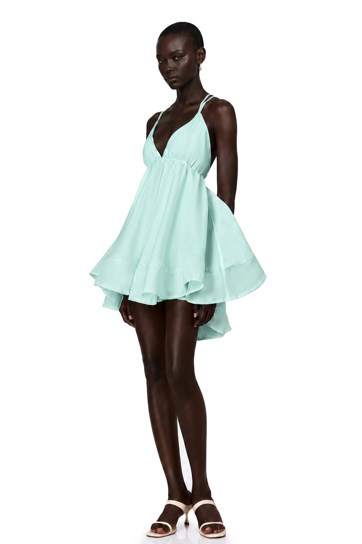 Quincie Green Shirred Flounced Mini Dress