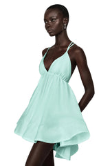 Quincie Green Shirred Flounced Mini Dress