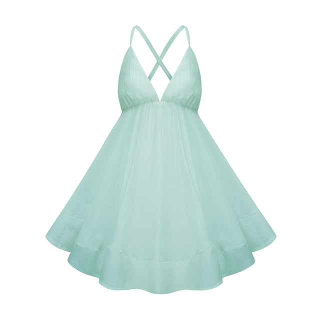 Quincie Green Shirred Flounced Mini Dress