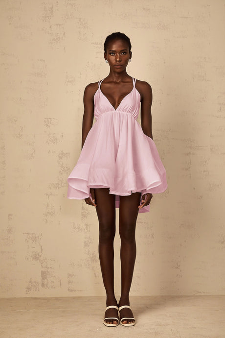 Fortuna Mini Dress Pink Shirred Flounced