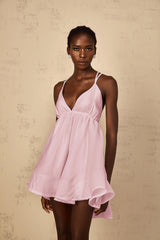 Quincie Pink Shirred Flounced Mini Dress
