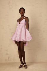 Quincie Pink Shirred Flounced Mini Dress
