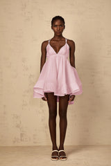 Quincie Pink Shirred Flounced Mini Dress