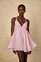 Quincie Pink Shirred Flounced Mini Dress