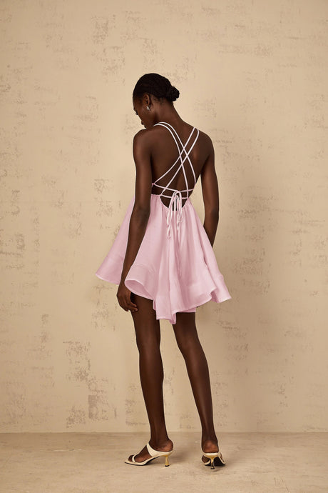 Fortuna Mini Dress Pink Shirred Flounced