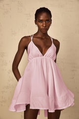 Quincie Pink Shirred Flounced Mini Dress