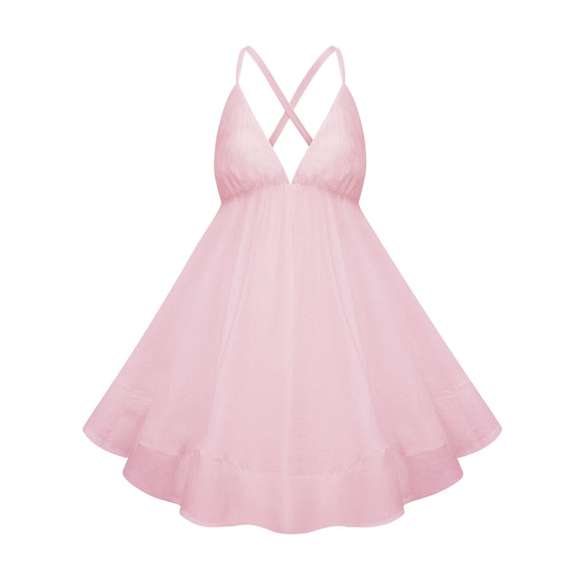 Quincie Pink Shirred Flounced Mini Dress
