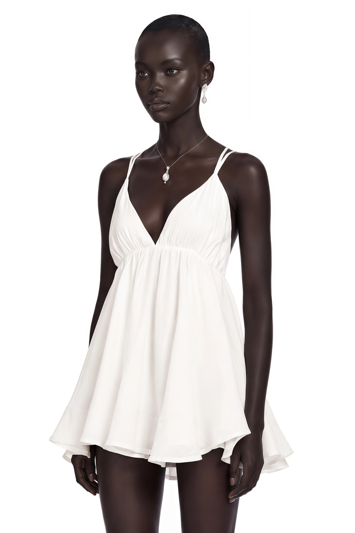 Quincie white shirred flounced mini dress