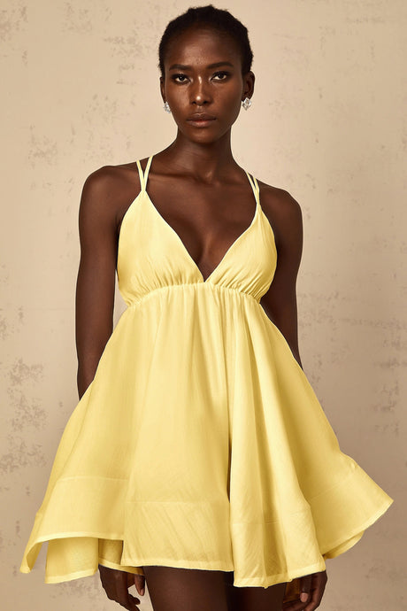 Destiny Mini Dress Yellow Shirred Flounced